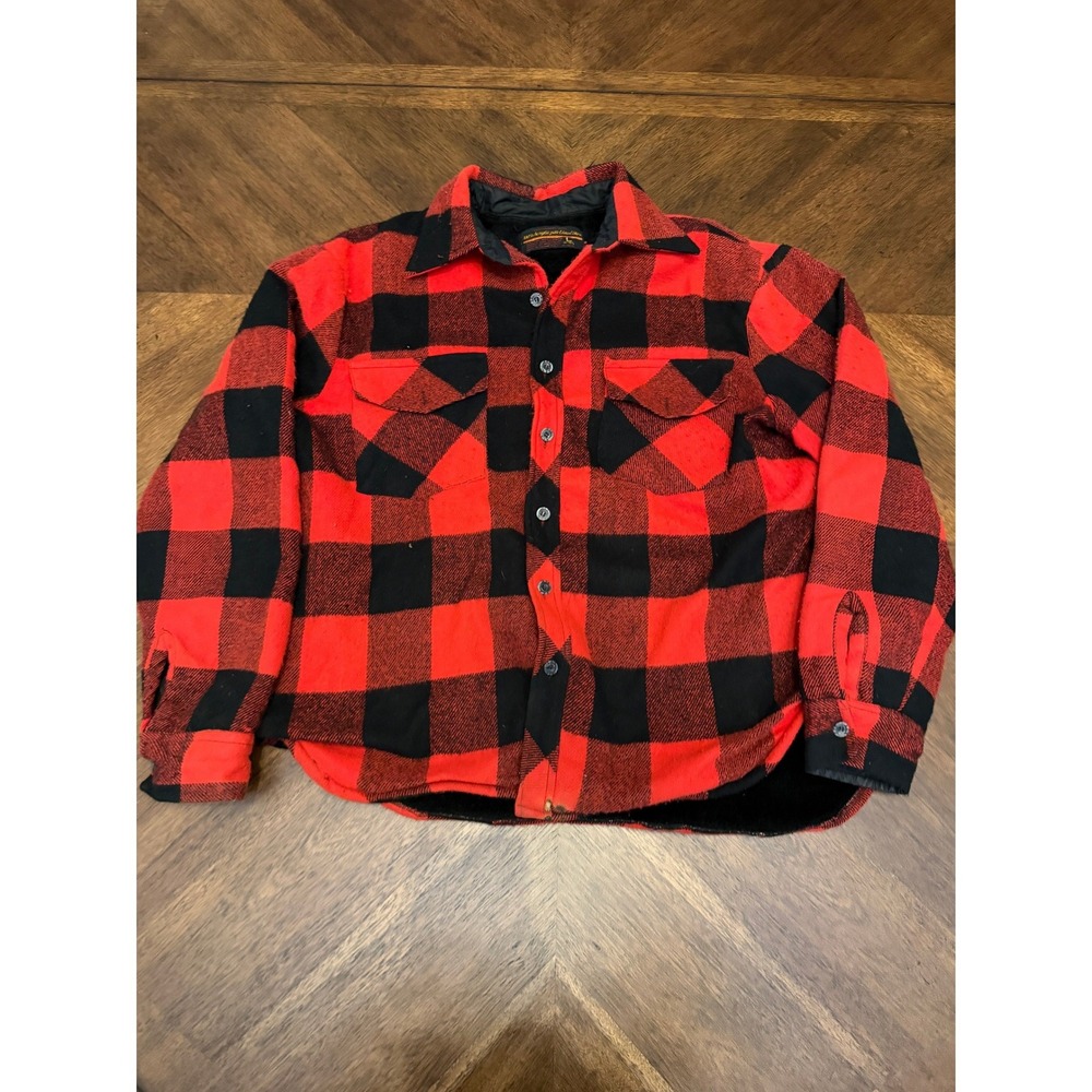 Vintage Montgomery Ward Buffalo Plaid Pile Lined Shirt Jacket Red Black Large